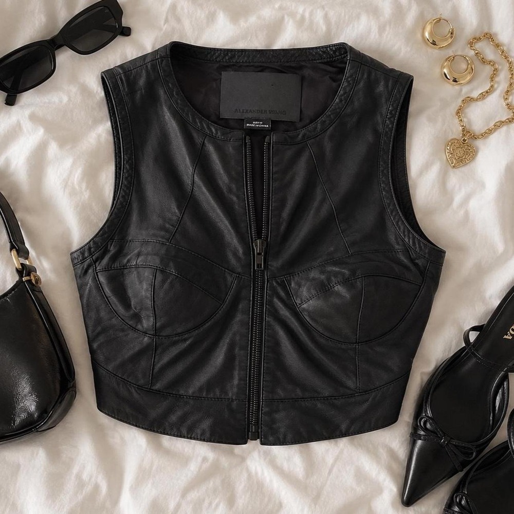 black leather bustier top  cropped built in bust leather front zipper top
